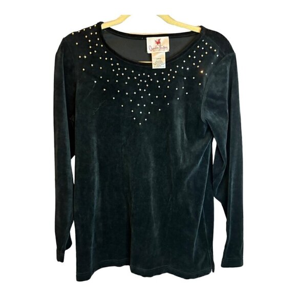 Quacker Factory Sweatshirt Women's Size Large Bedazzled Velvet Velour Black - Picture 1 of 3